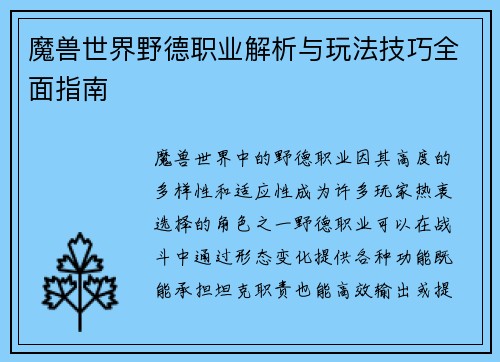 魔兽世界野德职业解析与玩法技巧全面指南